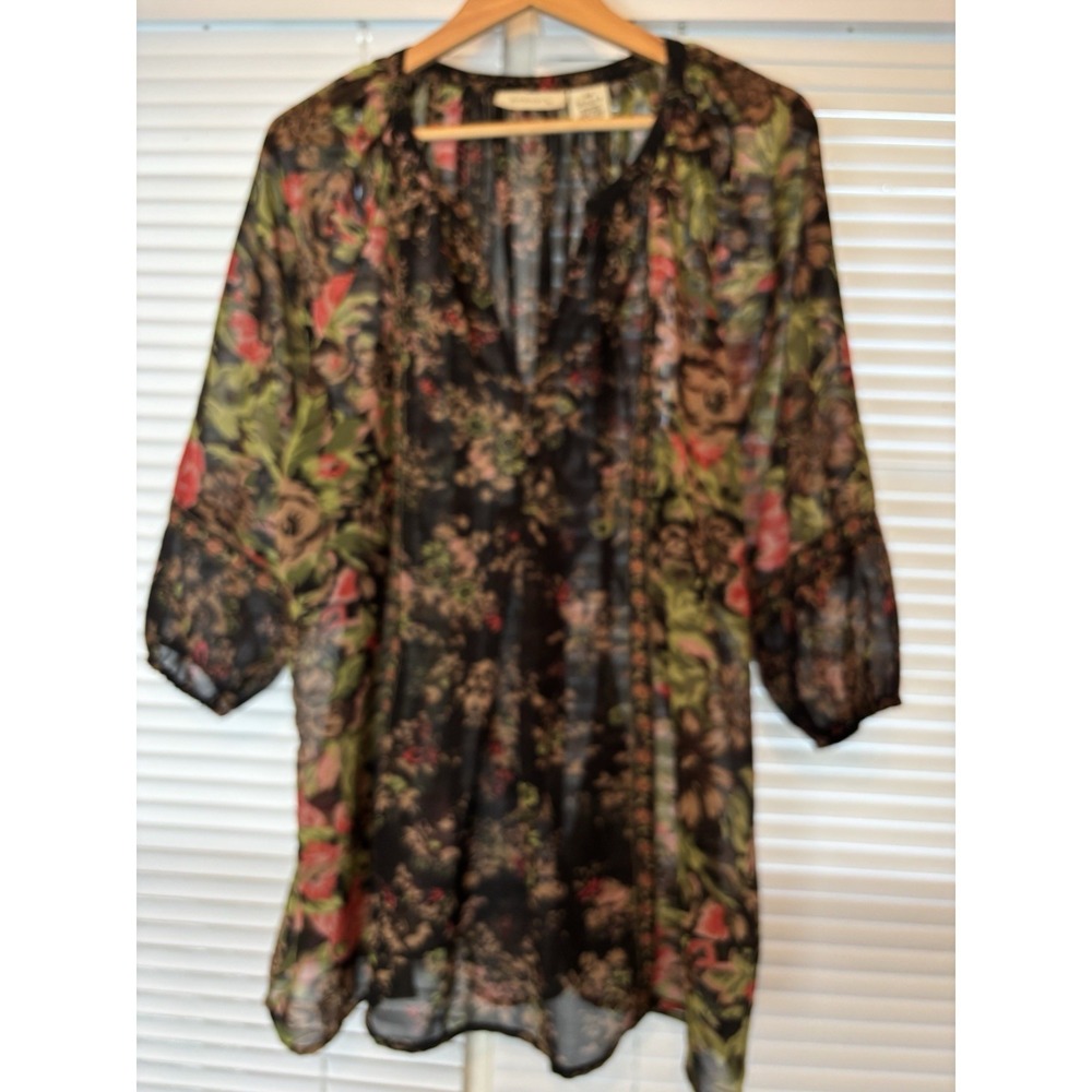 Roaman's Boho Peasant Blouse Plus Size 18 Floral Flowy‎ Comfortable Sheer